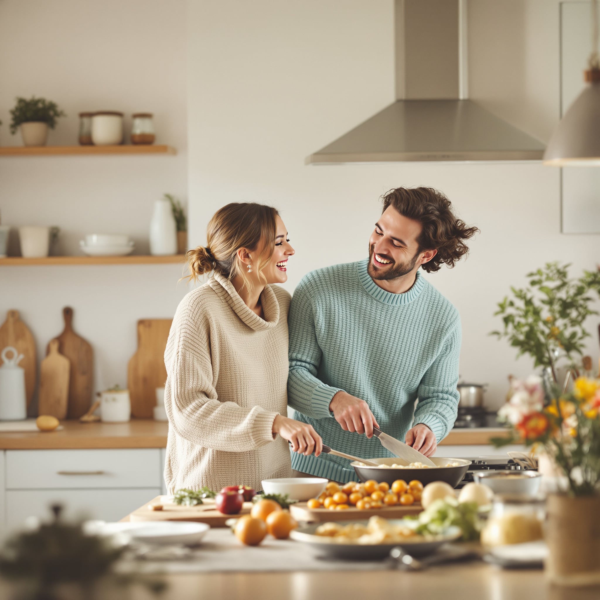 Couple cooking and laughing together